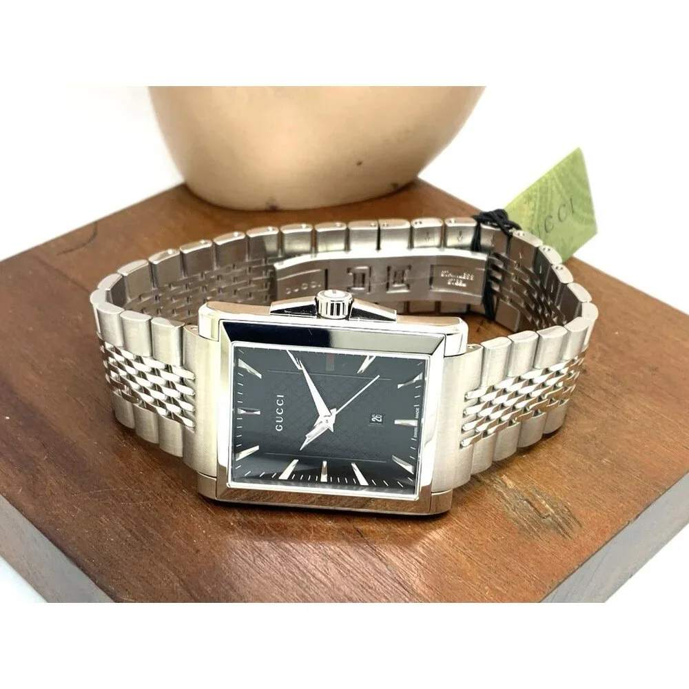 Gucci Men's Watch YA138401 G-Timeless Swiss Quartz Black Dial Silver Steel Tank